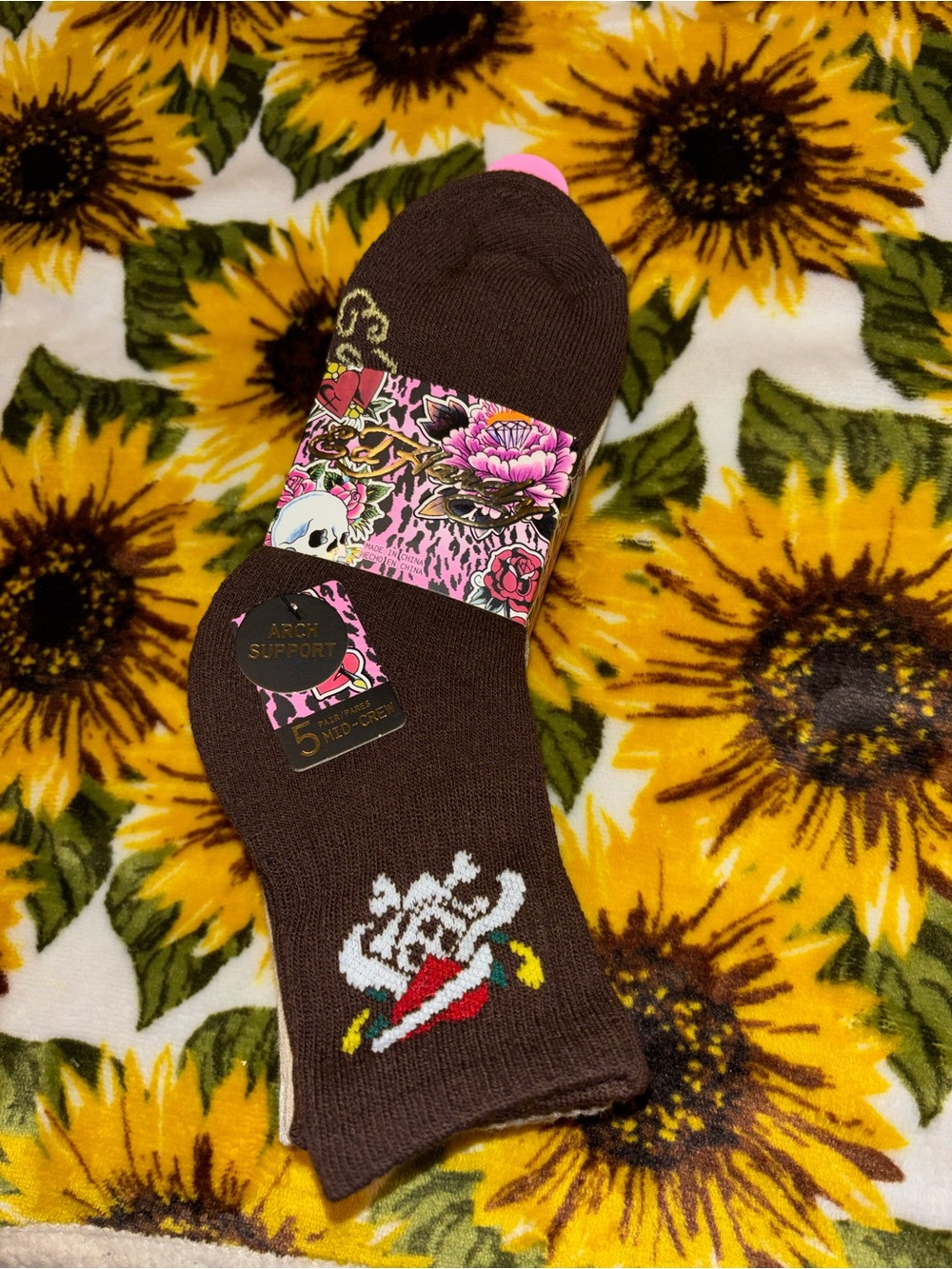 Ed Hardy Brown No-Show Socks with Multicolor Graphic Accents